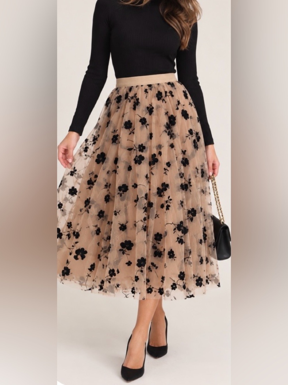 Chicwish Nude Tulle Midi Skirt with Black Floral Embroidery
